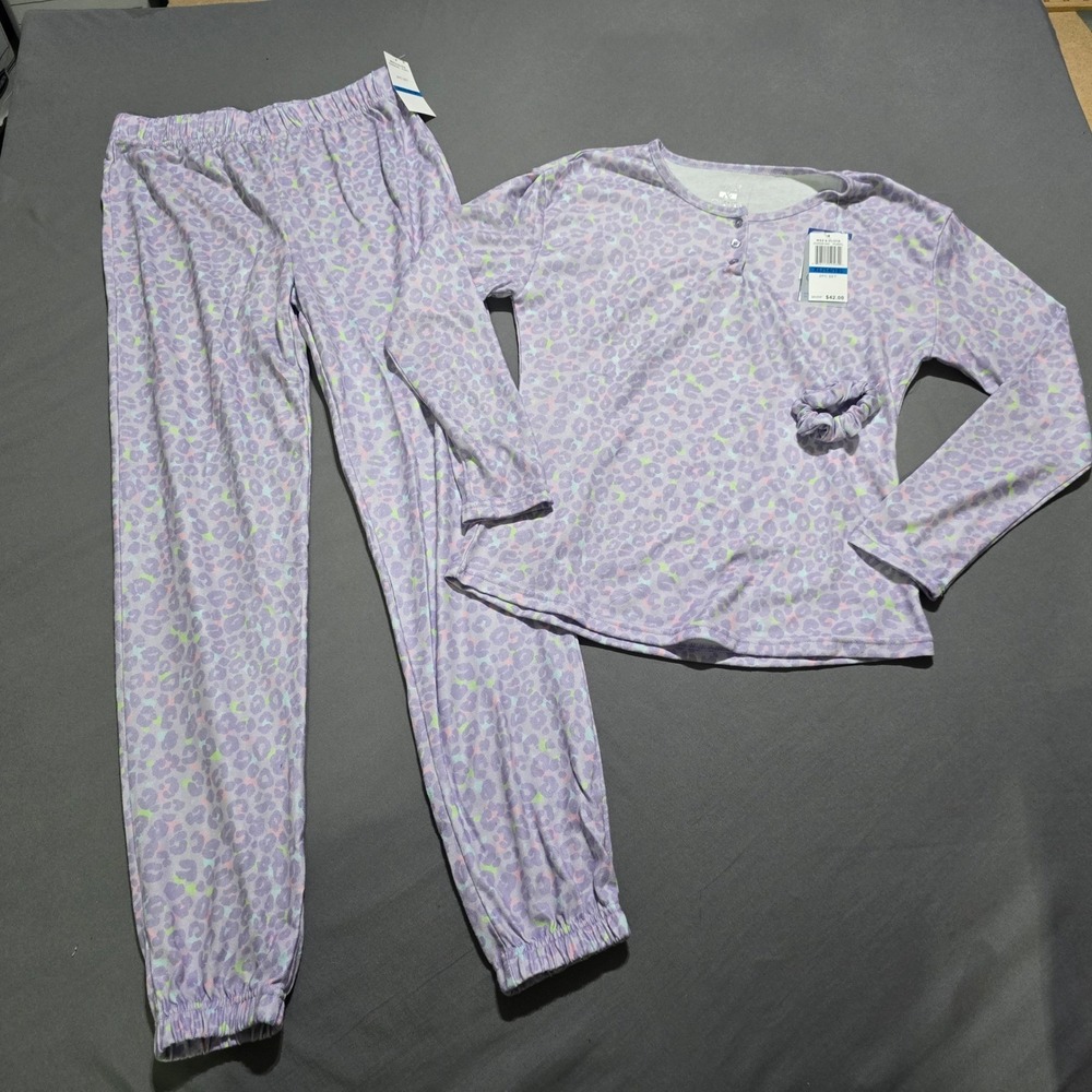 Max & Olivia Pajama Set Kids XL 14/16 Purple Leopard Print 3pc Henley Joggers